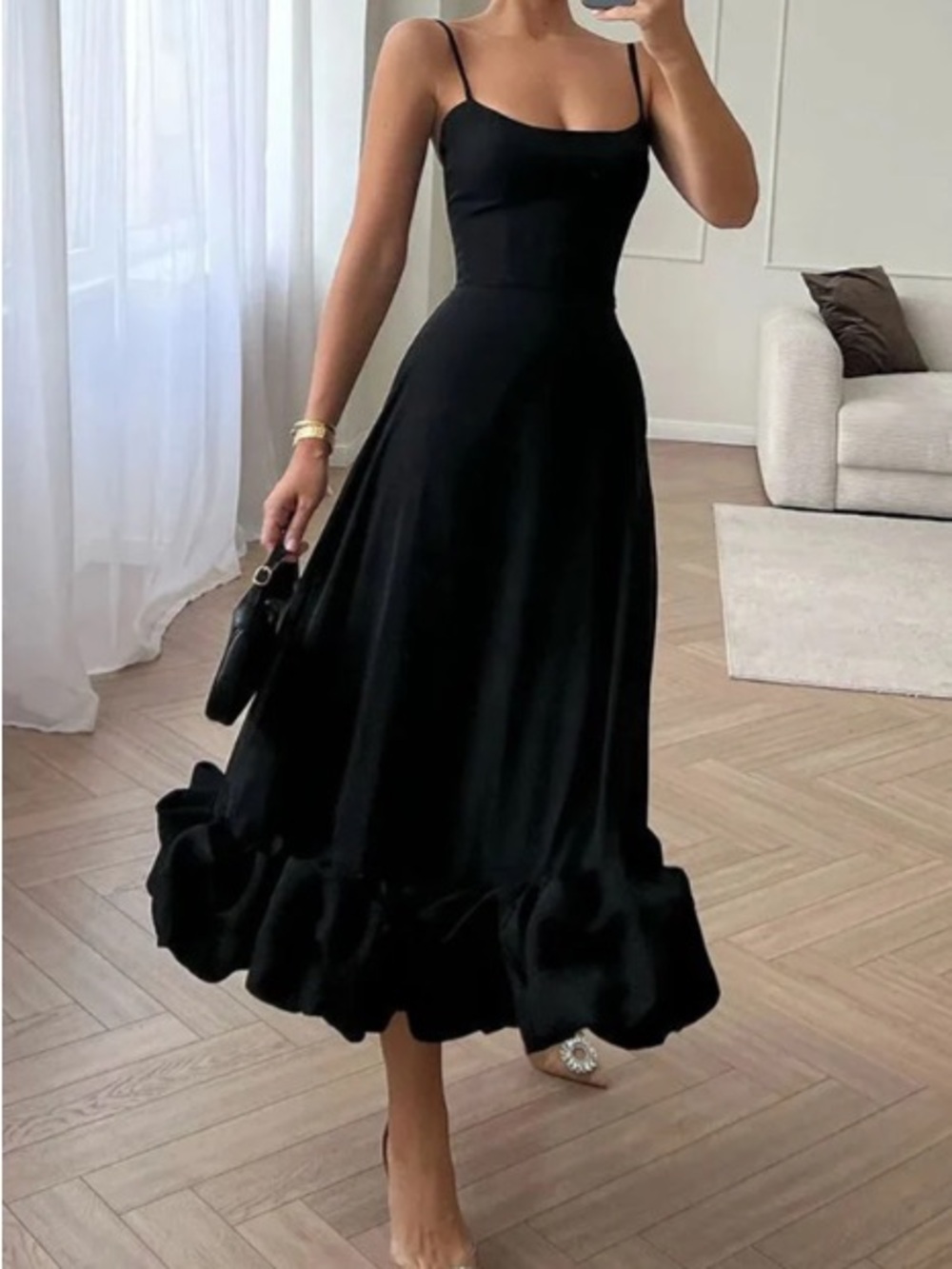 Classic Black Spaghetti-Strap Midi Dress with Ruffled Hem